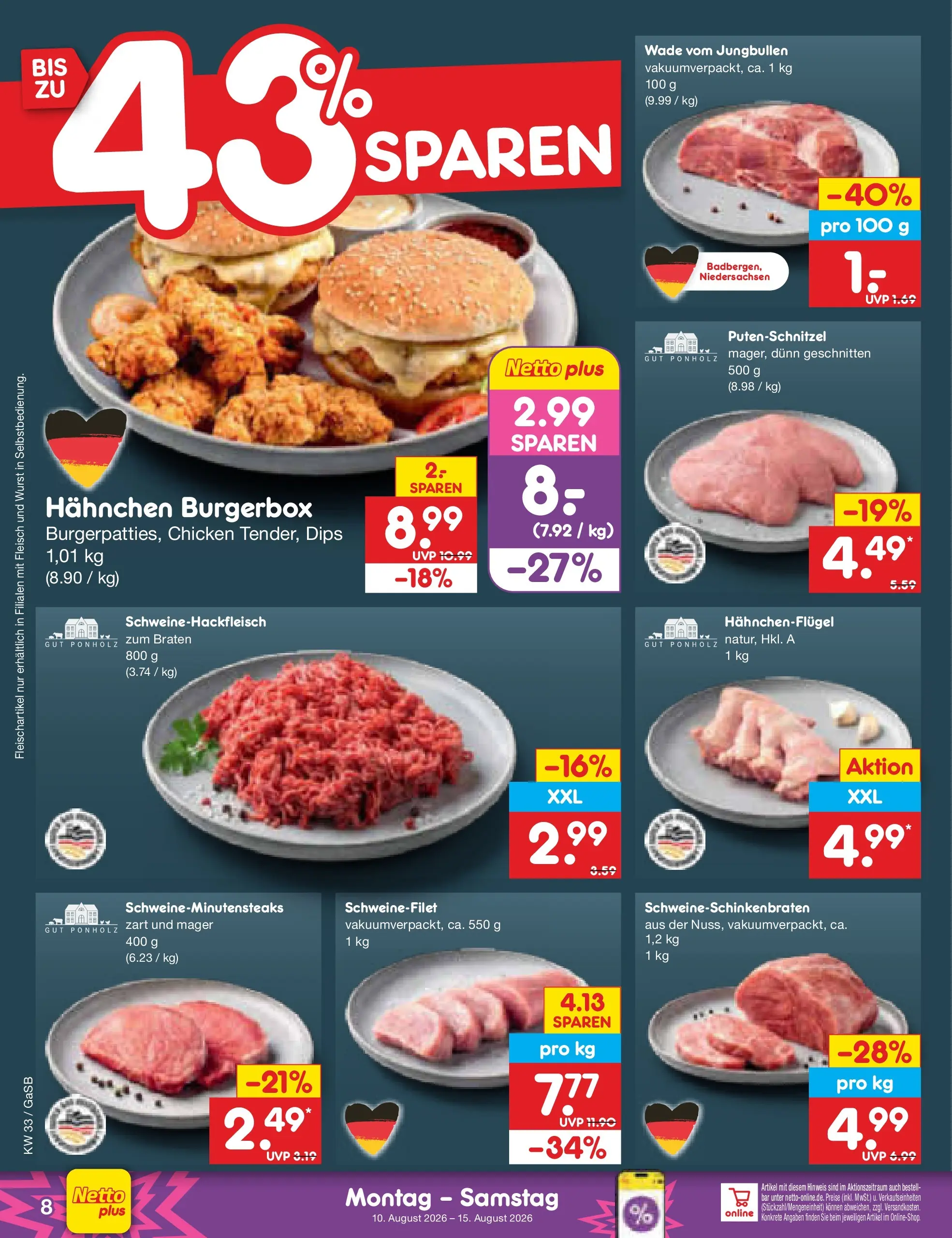 Netto Marken-Discount Prospekt Bremen-Lesum (ab 10.08.2026) ยป Angebote | Seite: 8 | Produkte: Hahnchen, Schweinefilet, Putenschnitzel, Wurst Netto Marken-Discount Prospekt Bremen-Lesum (ab 10.08.2026) ยป Angebote | Seite: 8 | Produkte: Hahnchen, Schweinefilet, Putenschnitzel, Wurst