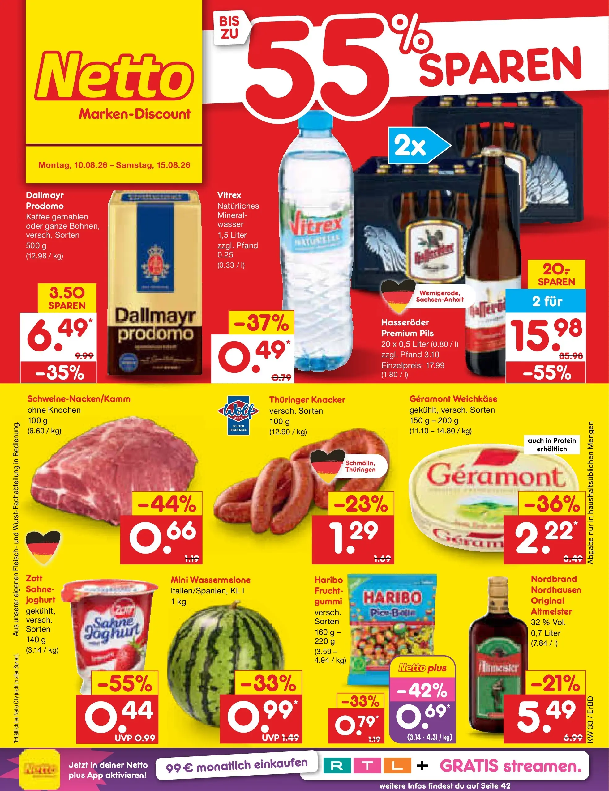 Netto Marken-Discount Prospekt Weimar (ab 10.08.2026) ยป Angebote | Seite: 1 | Produkte: Joghurt, Dallmayr, Wassermelone, Hasserรถder Netto Marken-Discount Prospekt Weimar (ab 10.08.2026) ยป Angebote | Seite: 1 | Produkte: Joghurt, Dallmayr, Wassermelone, Hasserรถder