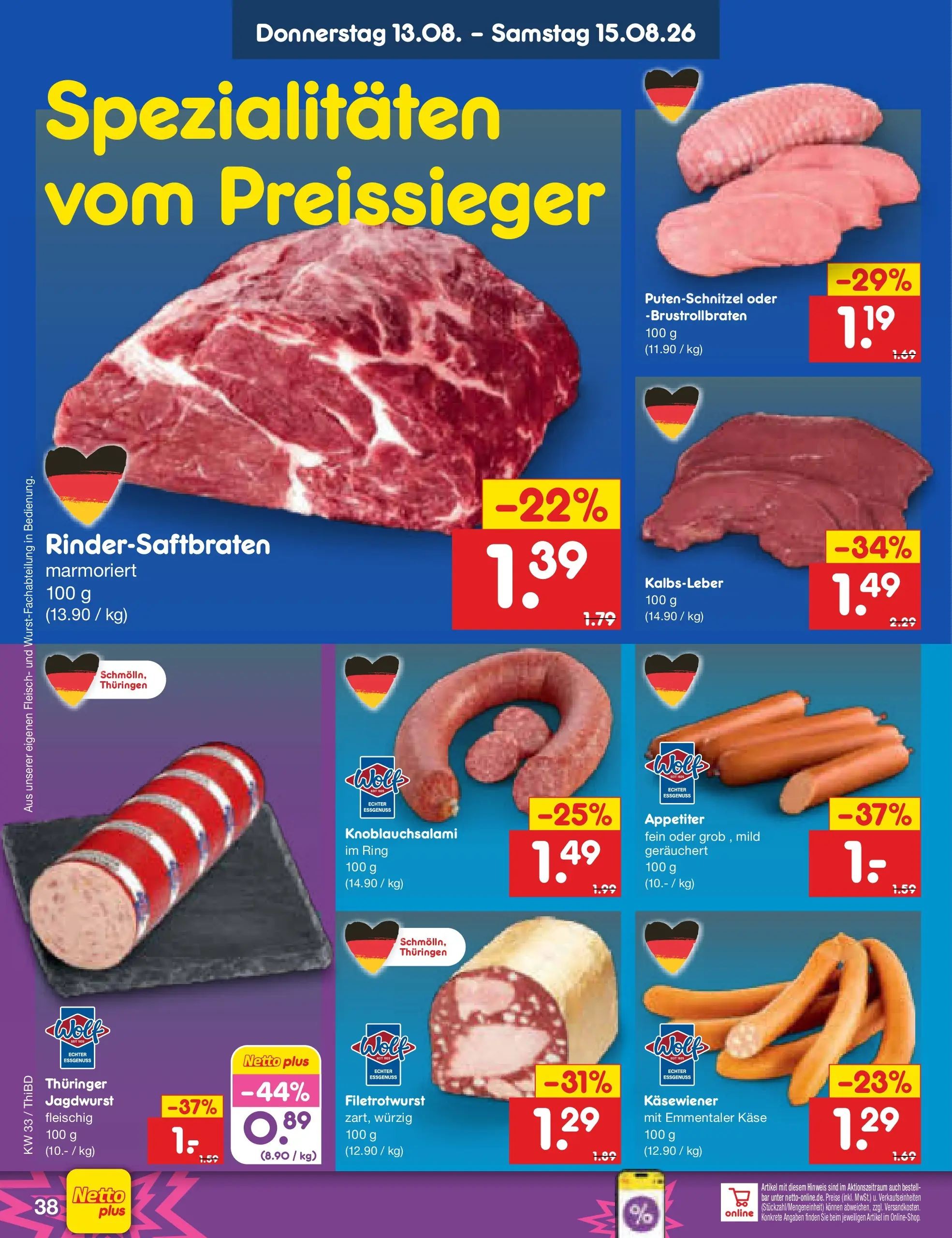 Netto Marken-Discount Prospekt Thiendorf (ab 10.08.2026) » Angebote | Seite: 54 | Produkte: Käse, Kalbsleber, Putenschnitzel, Fleisch