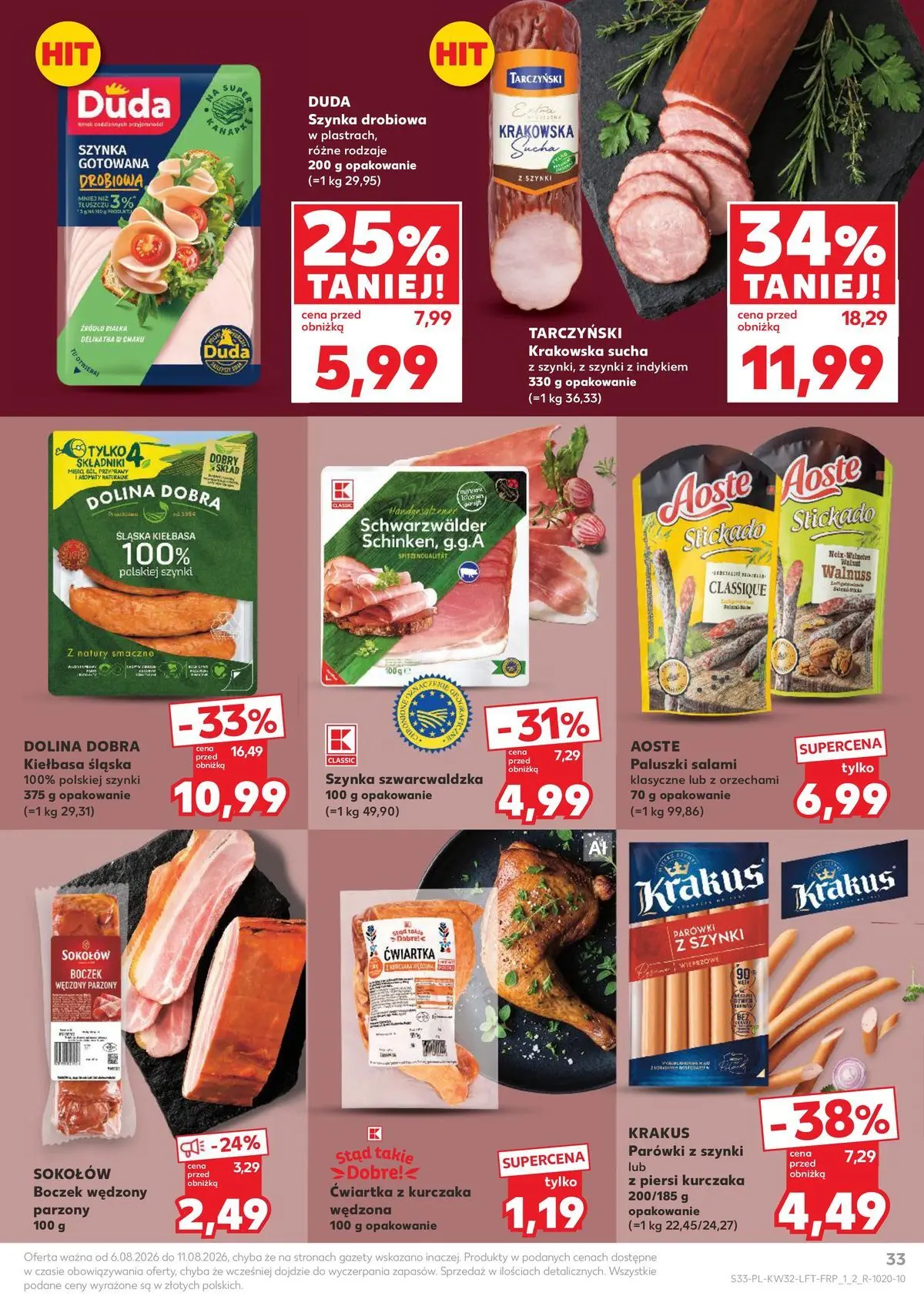 Kaufland gazetka od 06.08.2026 - od jutra PDF | Strona: 33 | Produkty: Szynka drobiowa, Szynka, Salami, Ćwiartka z kurczaka
