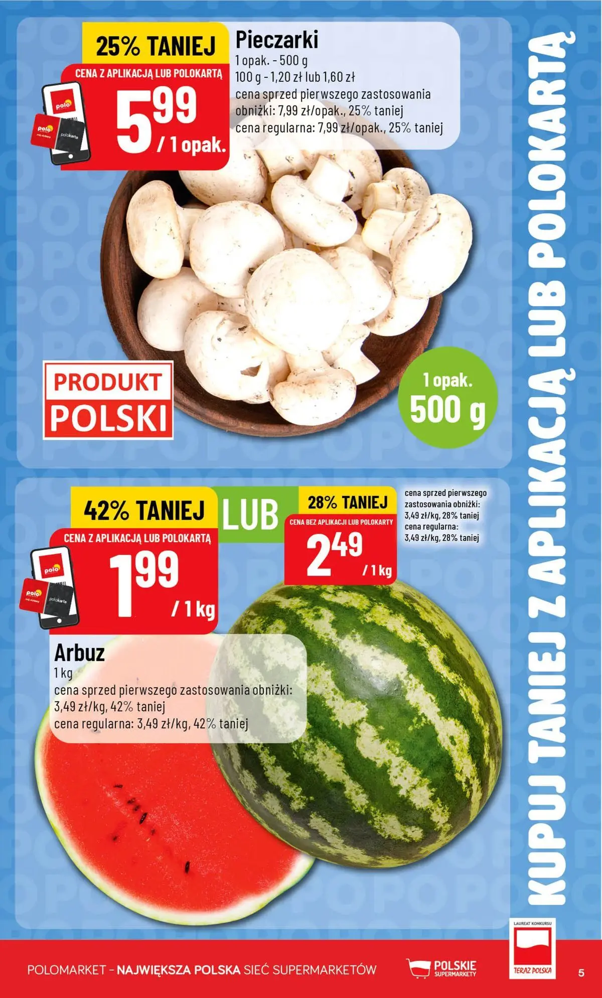 Nowa POLOmarket gazetka od jutra 05.08.2026 | Strona: 5 | Produkty: Arbuz, Pieczarki