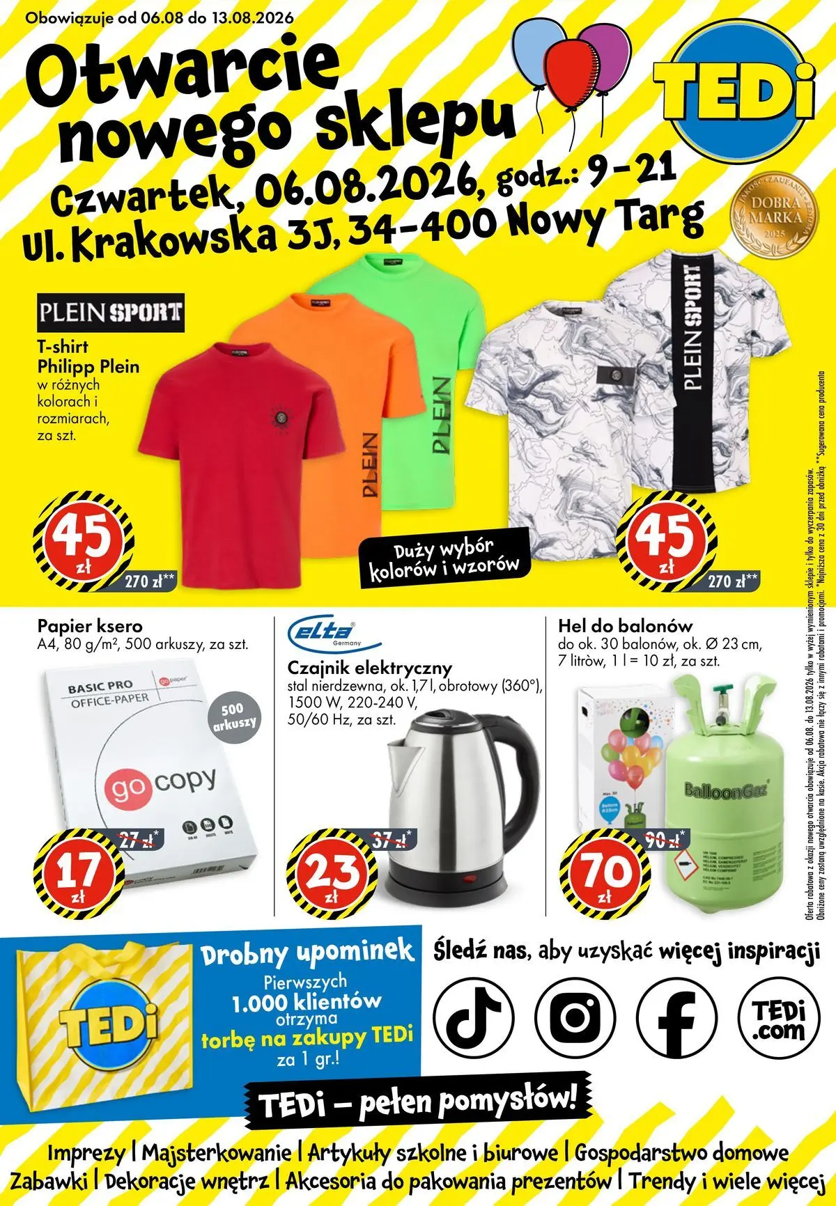 TEDi gazetka - Nowy Targ od (06.08.2026 - 13.08.2026) | Strona: 1 | Produkty: Śledź, Czajnik, Artykuły szkolne, Papier ksero