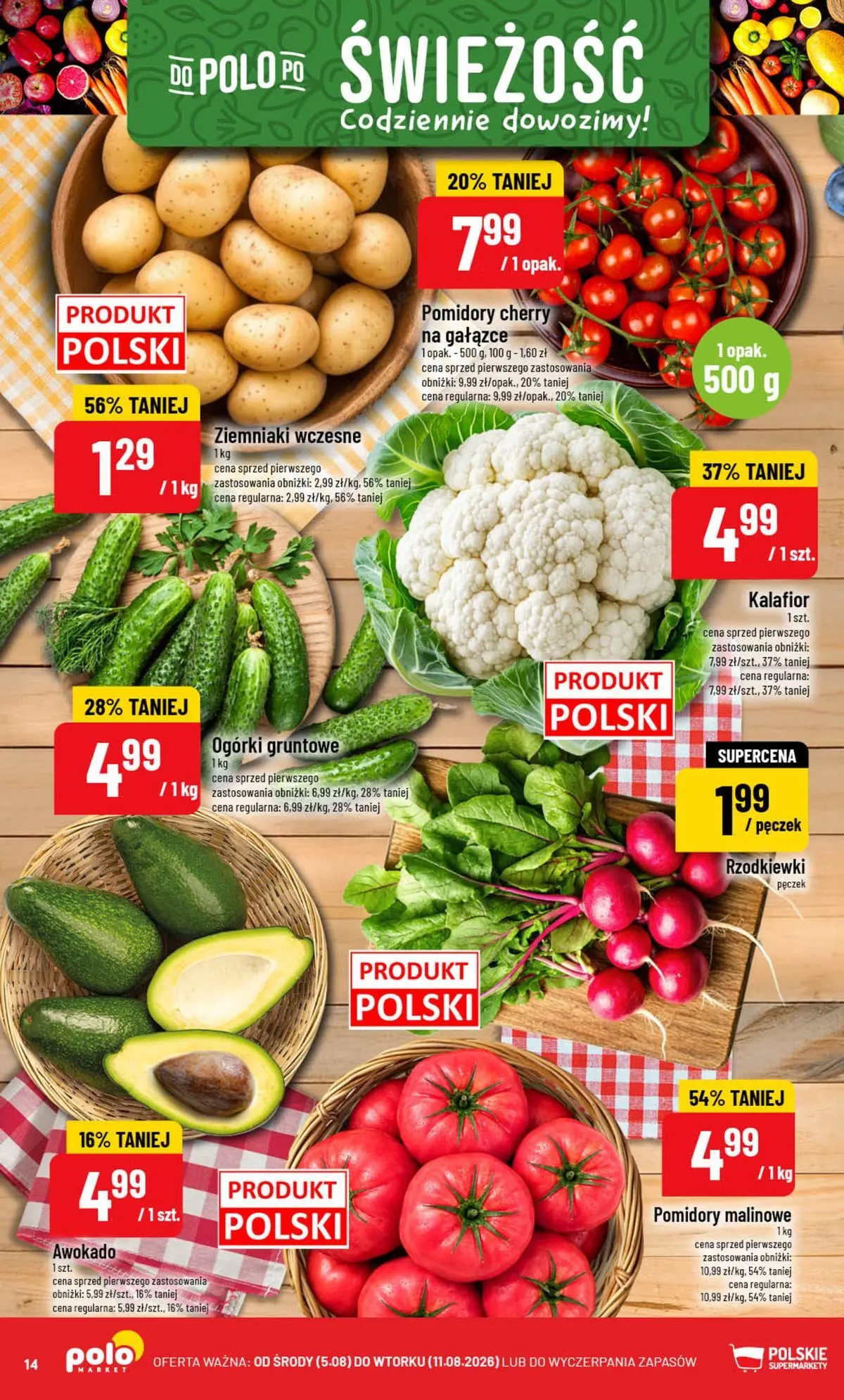 Nowa POLOmarket gazetka od jutra (05.08.2026) | Strona: 14 | Produkty: Kalafior, Pomidory, Ogórki gruntowe, Ziemniaki Nowa POLOmarket gazetka od jutra 05.08.2026 | Strona: 14 | Produkty: Kalafior, Pomidory, Ogórki gruntowe, Ziemniaki