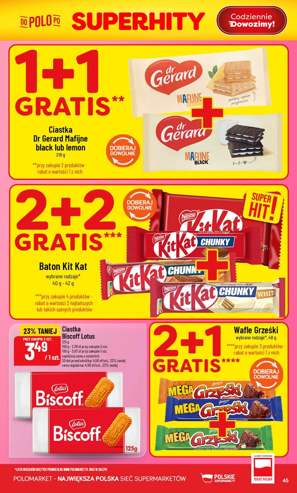 Nowa POLOmarket gazetka od jutra (05.08.2026) | Strona: 45 | Produkty: Wafle, Baton, Ciastka Nowa POLOmarket gazetka od jutra 05.08.2026 | Strona: 45 | Produkty: Wafle, Baton, Ciastka