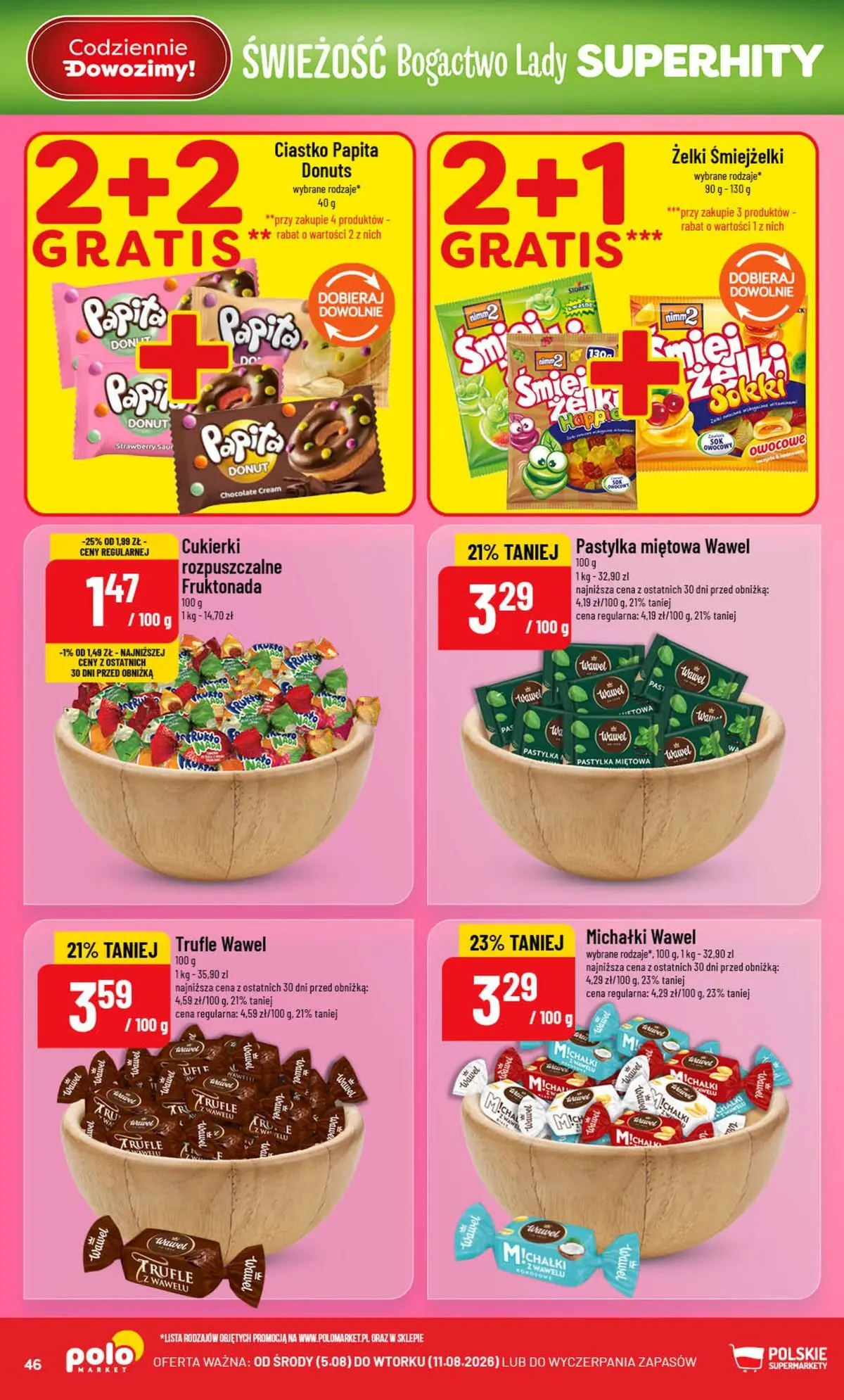 Nowa POLOmarket gazetka od jutra (05.08.2026) | Strona: 46 | Produkty: Donut, Żelki, Cukierki Nowa POLOmarket gazetka od jutra 05.08.2026 | Strona: 46 | Produkty: Donut, Żelki, Cukierki