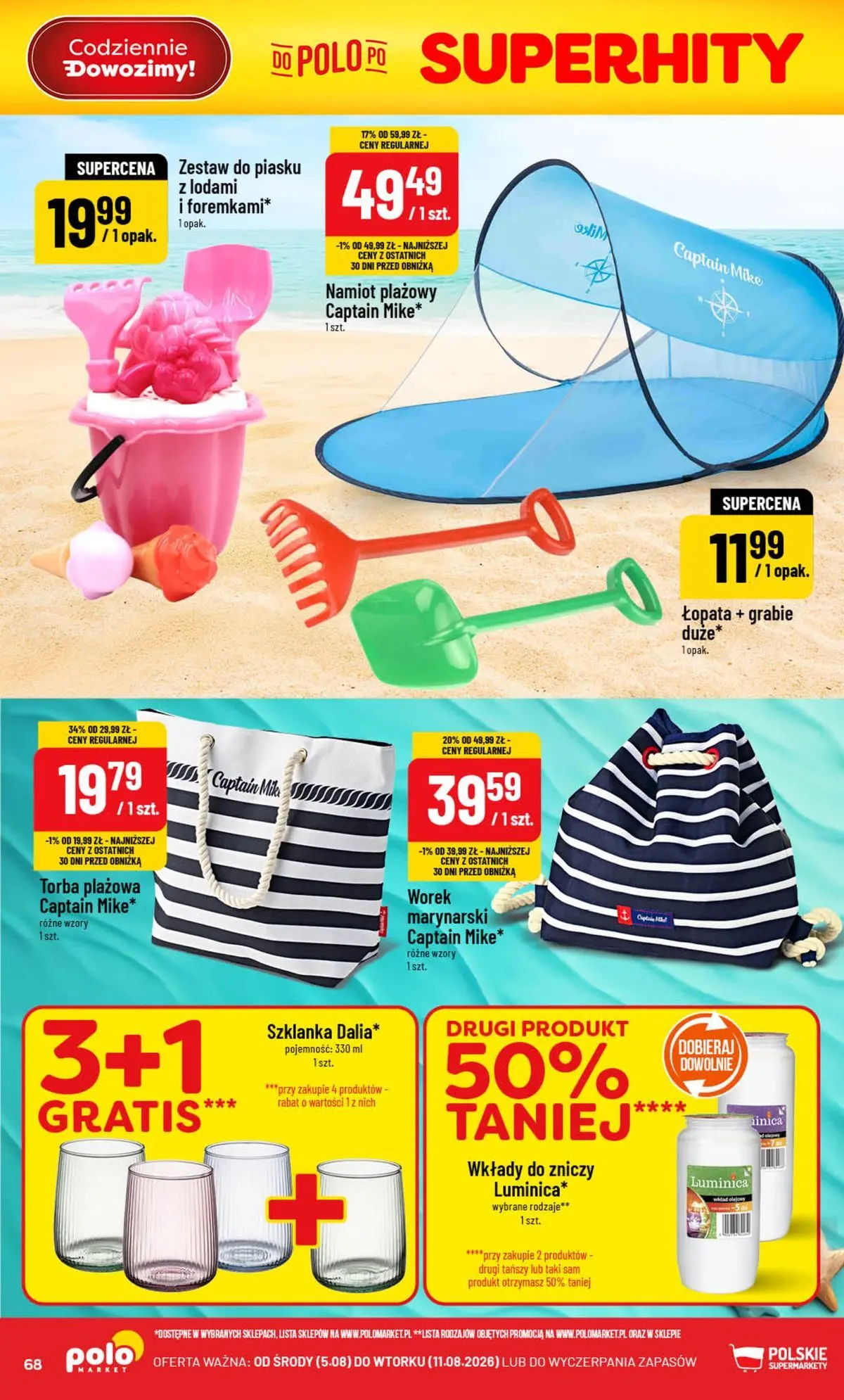 Nowa POLOmarket gazetka od jutra (05.08.2026) | Strona: 68 | Produkty: Szklanka, Namiot plażowy, Wkłady do zniczy, Torba Nowa POLOmarket gazetka od jutra 05.08.2026 | Strona: 68 | Produkty: Szklanka, Namiot plażowy, Wkłady do zniczy, Torba