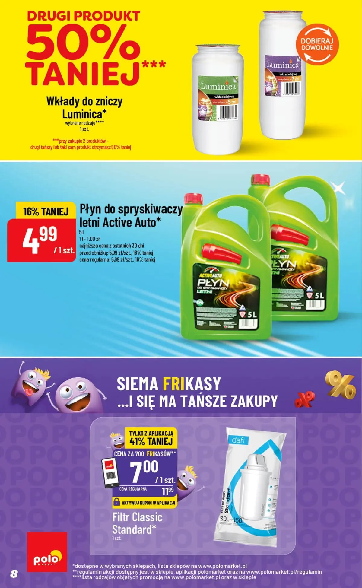 Nowa POLOmarket gazetka od jutra 05.08.2026 | Strona: 8 | Produkty: Wkłady do zniczy, Filtr do wody, Płyn do spryskiwaczy