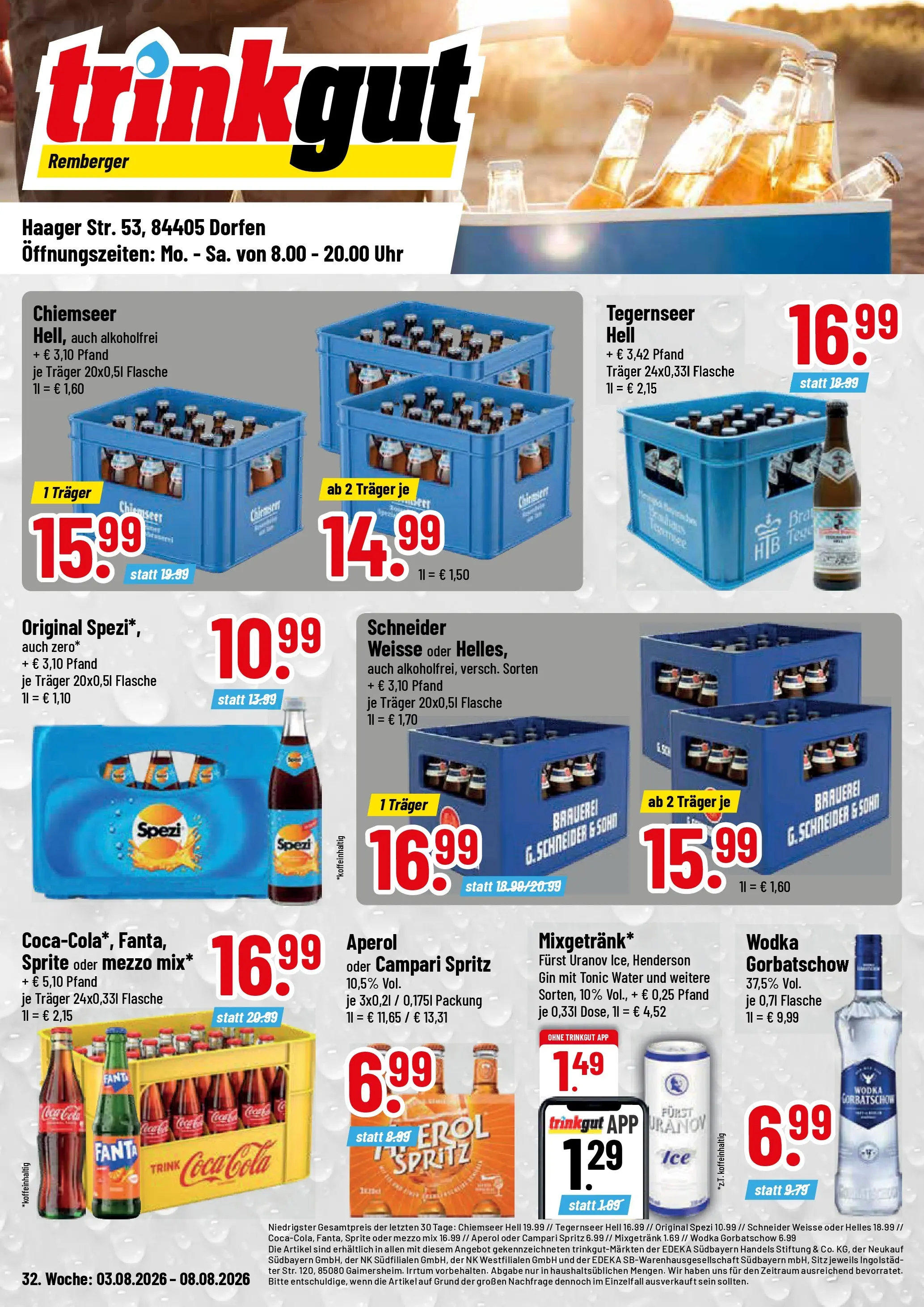 Trinkgut Prospekt Dorfen (ab 03.08.2026) » Angebote online | Seite: 1 | Produkte: Coca cola, Sprite, Wodka, Uhr