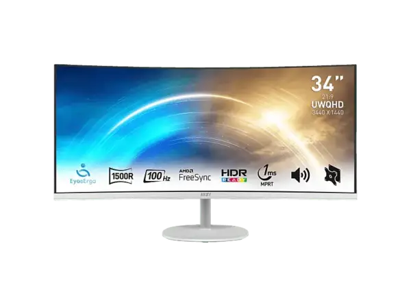 MSI pro MP341CQWDE 34 Zoll Curved Monitor, UWQHD, 1 ms Reaktionszeit, 300 cd/m&sup2;, 100 Hz, Wei&szlig;
