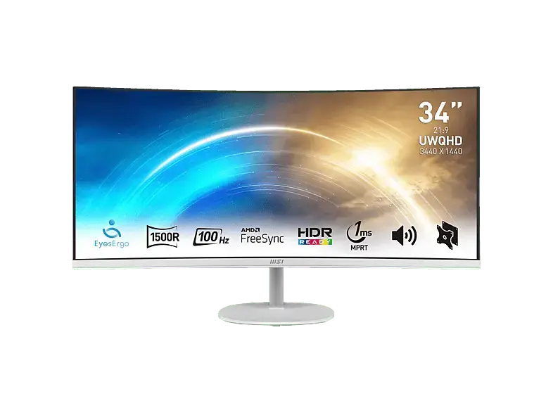 MSI pro MP341CQWDE 34 Zoll Curved Monitor, UWQHD, 1 ms Reaktionszeit, 300 cd/m&sup2;, 100 Hz, Wei&szlig;