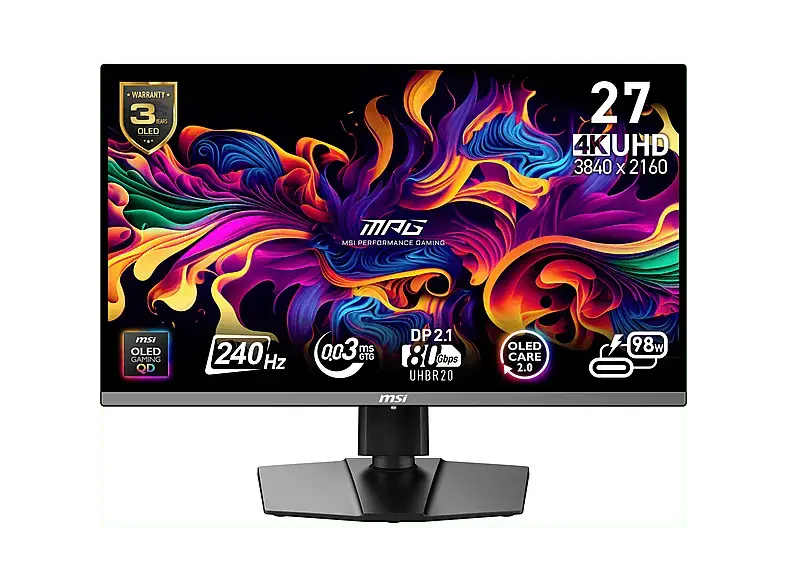 MSI MPG 272URXDE QD-OLED 26,5 Zoll Monitor, UHD 4K, 1 ms Reaktionszeit, 250 cd/m&sup2;, 240 Hz, Schwarz