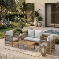 Loungegarnitur Effie Hellgrau Holz/Outdoorstoff