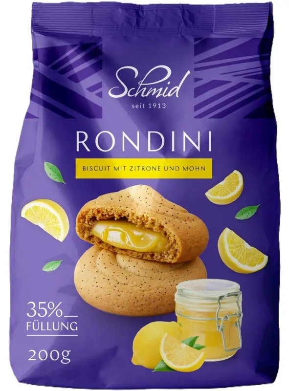 Biskuit mit Zitrone und Mohn gef&uuml;llt mit Konditorcreme (35%)
