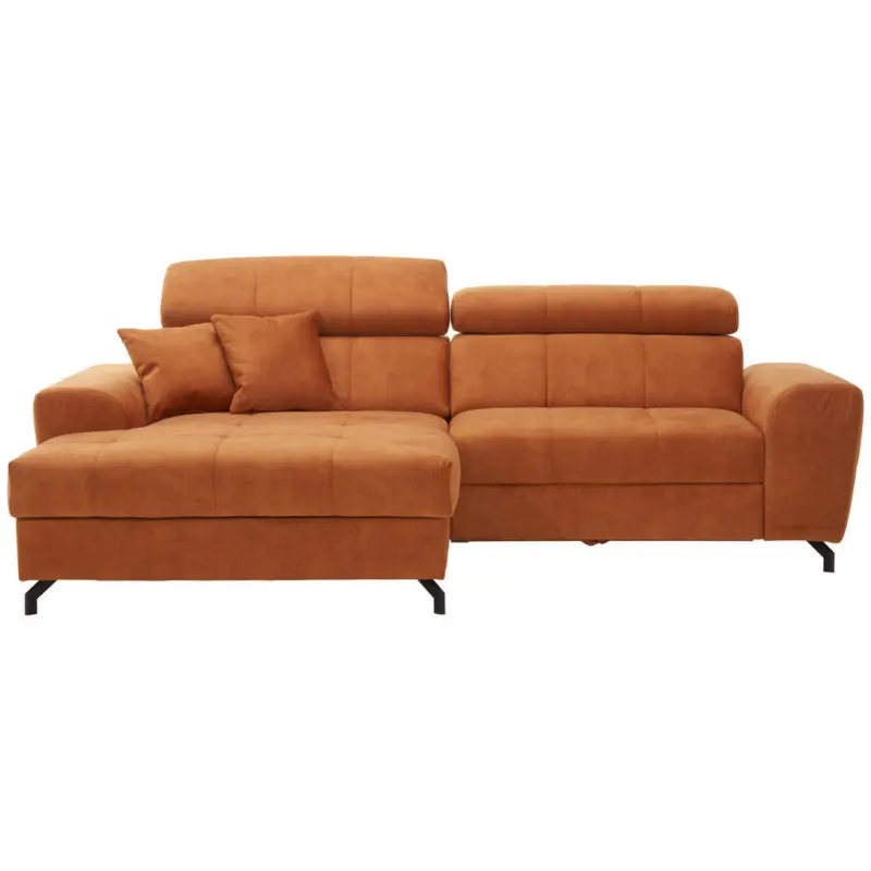 Ecksofa 181/267 cm in Velours Orange Zierkissen, Schlaffunktion, R&uuml;cken echt, Kopfteilverstellung, Stauraum 181/267 cm
