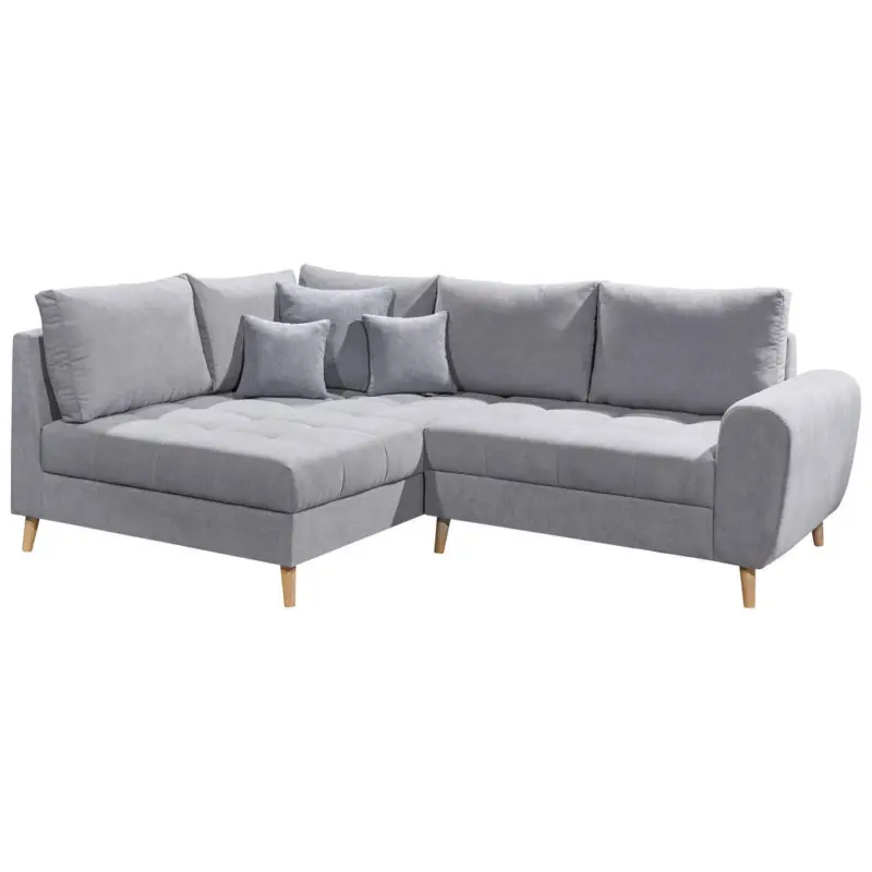 Ecksofa 175/249 cm in Mikrovelours Hellgrau Zierkissen, R&uuml;ckenkissen 175/249 cm