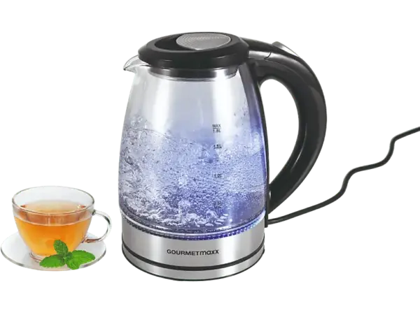 Gourmetmaxx 1574 Glas Wasserkocher, mit LED-Beleuchtung (Transparent/Schwarz, 1.8 l, 1800 Watt)