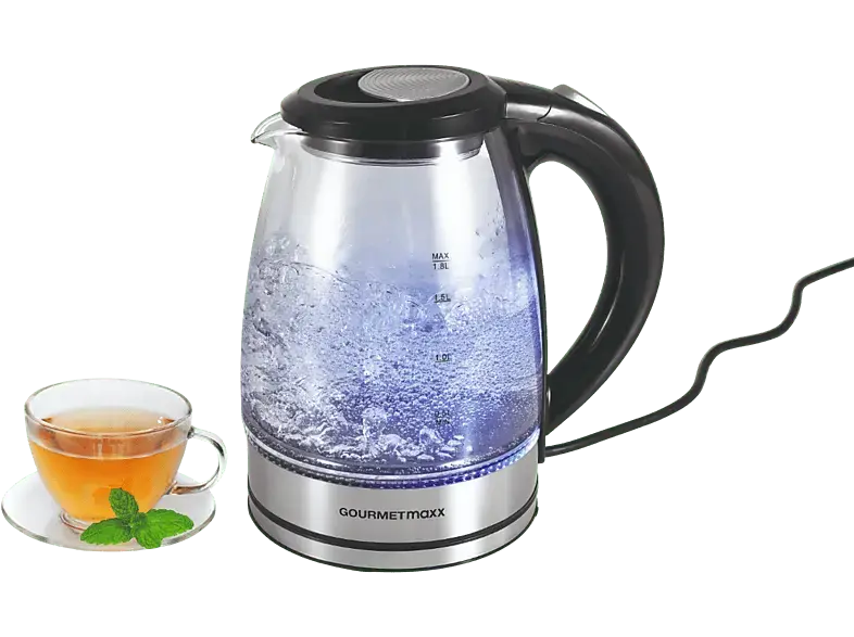 Gourmetmaxx 1574 Glas Wasserkocher, mit LED-Beleuchtung (Transparent/Schwarz, 1.8 l, 1800 Watt)