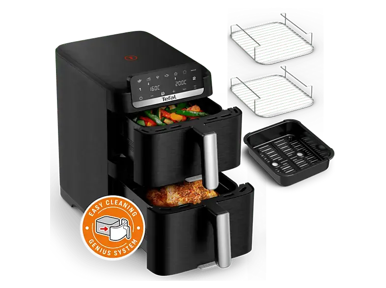 Tefal EY 7568 Crispy Stack Genius Doppel-Hei&szlig;luftfritteuse 4 l + 6 l, Schwarz