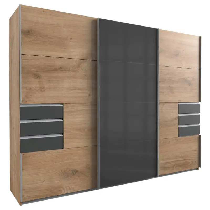 Schiebet&uuml;renschrank 270/210/64 cm, in Graphitfarben, Eichefarben, 3 T&uuml;r(en)