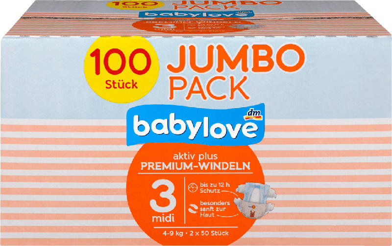 babylove Windeln Premium aktiv plus Größe 3, midi 4-9kg, Jumbo Pack 2x50 Stück