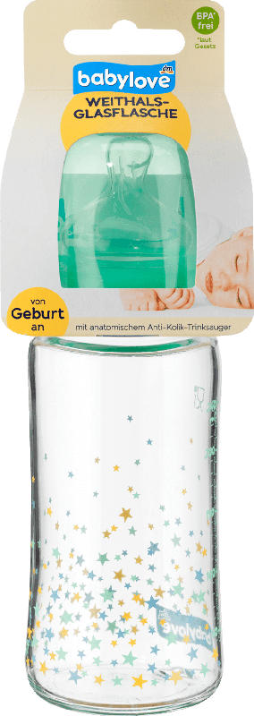 babylove Weithals Glasflasche 240ml, grün / Sternchen