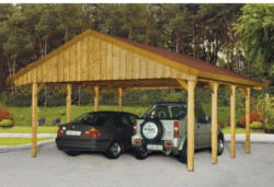 Doppelcarport SKAN HOLZ mit roten Dachschindeln 580x600 cm tauchimprägniert