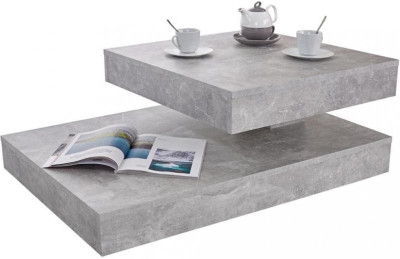 Couchtisch Holz mit Drehbarer Platte Step, Betonoptik Hell Hellgrau