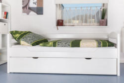 Einzelbett / Stauraumbett Easy Premium Line K1/h/s inkl. 2. Liegeplatz und 2 Abdeckblenden, 90 x 200 cm Buche Vollholz massiv weiß lackiert