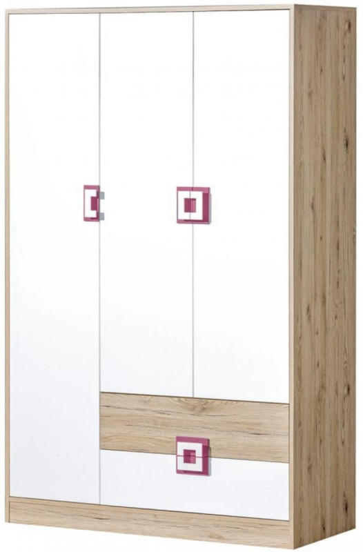 Kinderzimmer - Drehtürenschrank / Kleiderschrank Fabian 03, Farbe: Eiche Hellbraun / Weiß / Rosa - 190 x 120 x 50 cm (H x B x T)