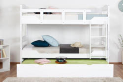 Etagenbett für Erwachsene Easy Premium Line K11/h inkl. Liegeplatz und 2 Abdeckblenden, Kopf- und Fußteil mit Löchern, Buche Vollholz massiv Weiß - 90 x 200 cm (B x L), teilbar