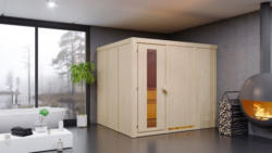 Sauna Sara 01, 68 mm Wandstärke - 231 x 196 x 198 cm (B x T x H) - Ausführung:inkl. Bio-Ofen mit externer Steuerung