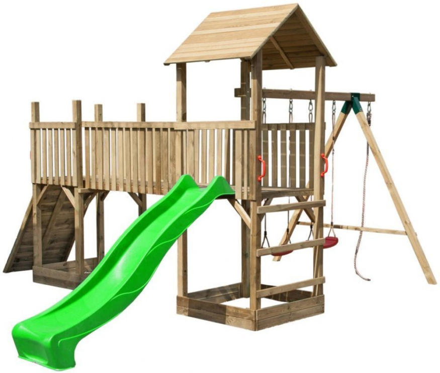 Spielturm aus Holz mit Rutsche, Kinderschaukel und Kletterwand Wild