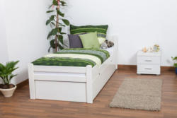 Einzelbett / Funktionsbett Easy Premium Line K1/h Voll inkl. 2. Liegeplatz und 2 Abdeckblenden, 90 x 200 cm Buche Vollholz massiv weiß lackiert