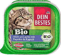 Dein Bestes Nassfutter für Katzen, Bio reich an Lachs mit Paprika & Rapsöl, 100 g