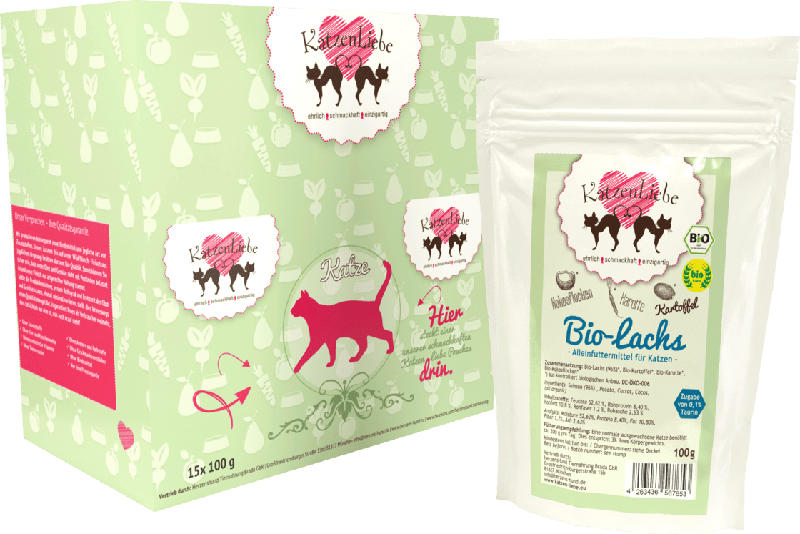 KatzenLiebe Nassfutter für Katzen, Bio-Lachs mit Kartoffel, Karotte, Eierschalenpulver und Kokosflocken, (15x100g)