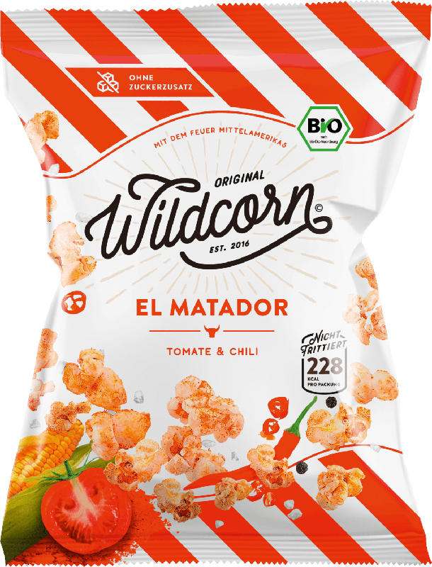 Wildcorn Popcorn, El Matador, salziges Popcorn mit Tomate & Chili