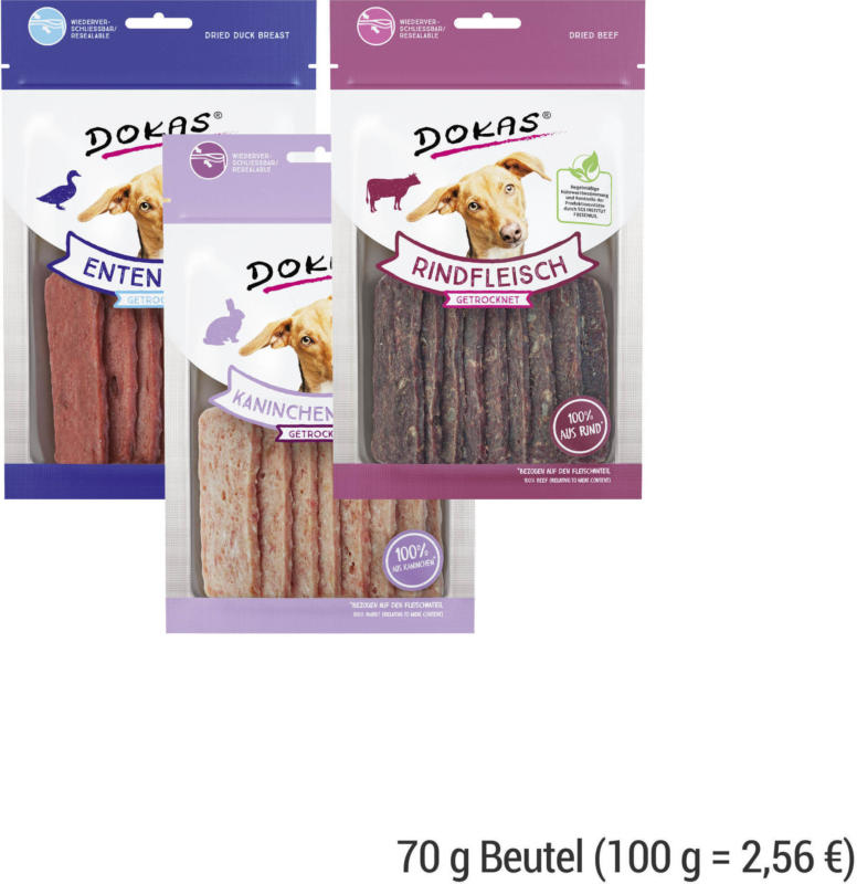 DOKAS KANINCHEN- oder RINDFLEISCH, ENTENBRUST Snacks 70 g Beutel