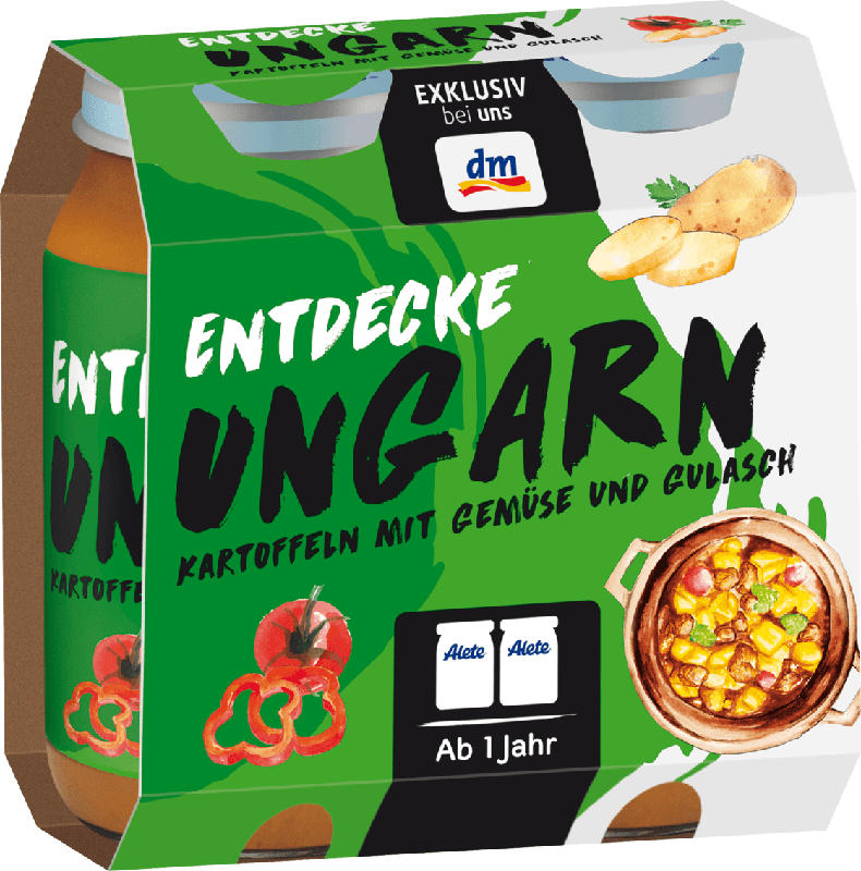 Alete Kindermenü Entdecke Ungarn Kartoffeln mit Gemüse und Gulasch ab 1 Jahr, 2x250g