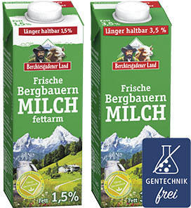Berchtesgadener Land Frische Bergbauern Milch 1,5/3,5 % Fett jede 1-Liter-Packung