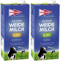 Hansano Haltbare Weidemilch 1,8/3,9 % Fett, jede 1-Liter-Packung