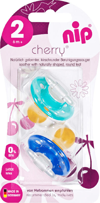 Nip Beruhigungssauger Cherry aus Latex, ab 6 Monate, türkis/blau