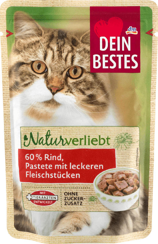 Dein Bestes Naturverliebt, Nassfutter für Katzen, 60 % Rind mit leckeren Fleischstücken