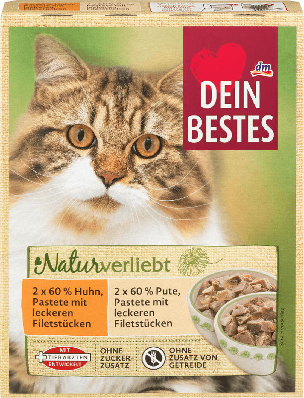 Dein Bestes Nassfutter für Katzen, naturverliebt, Beutel-Variation mit 60 % Huhn und 60% Pute, 4x85g