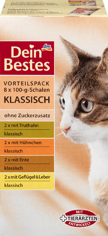 Dein Bestes Nassfutter für Katzen, Vorteilspack Schalen klassisch mit Geflügel, 8 x 100g