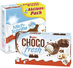 Milchschnitte 7 x 28 = 196 g oder Kinder Choco fresh 5 x 20,5 = 102,5 g, jede Packung