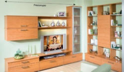 Moderne TV-Wohnwand mit Glasvitrine in Dekor Erle