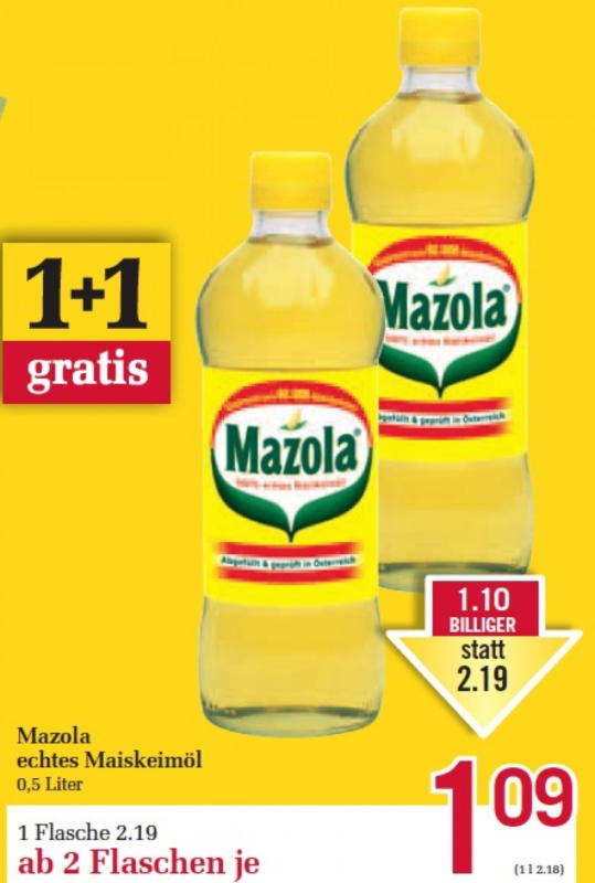 Mazola echtes Maiskeimöl für nur € 1,09 statt € 2,19 ️ Online von BILLA