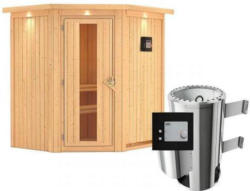 Karibu Sauna Tonja, Eckeinstieg, 3,6 kW Ofen externe Strg., mit Kranz, Energiespartür