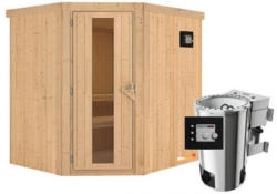 Karibu Sauna Lilja, Eckeinstieg, 3,6 kW Bio Ofen, kein Kranz, Klarglas-Tür