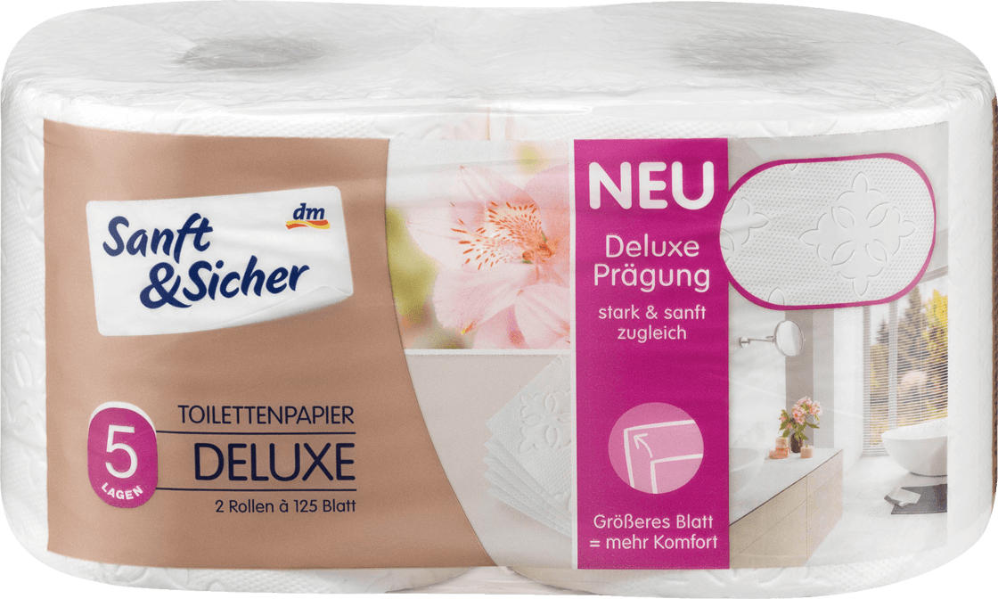 Sanft Sicher Toilettenpapier Deluxe 5 Lagig 2x125 Blatt Nur 1 15 Dm Drogerie Markt Angebot Barcoo